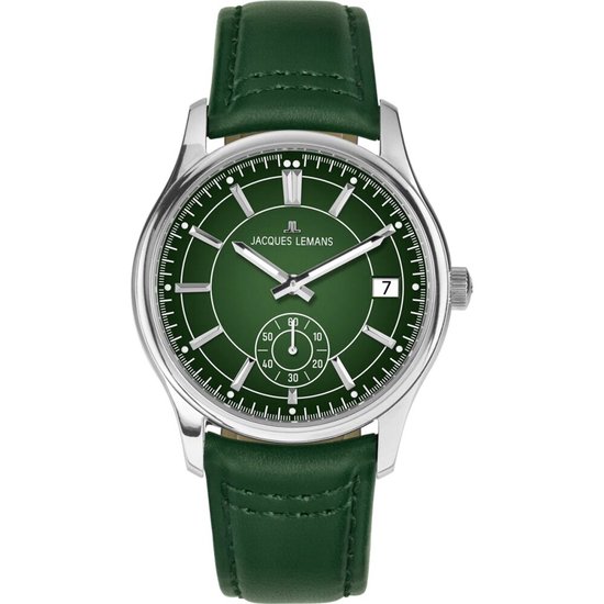 Herenhorloge met ronde zilverkleurige kast, groen gestructureerde wijzerplaat met zilverkleurige indices, datumvenster en groene lederen band.