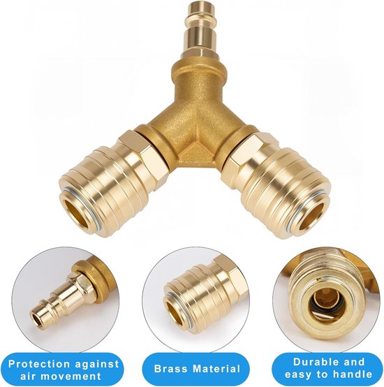 Y-verdeler van messing, NW 7.2 1/4 inch luchtslang, 2-voudig met koppelingen, Y-verdeler luchtverdeler, Persluchtverdeler persluchtzacht, Messing Persluchtverdeler