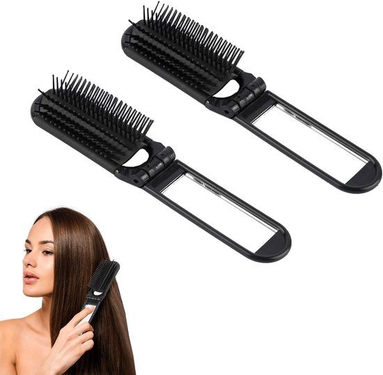 Ensemble de 2 brosses à cheveux pliables - Brosse à cheveux de voyage portable - Mini brosse à cheveux - Brosse à cheveux compacte - Avec miroir et poils arrondis - Convient pour les voyages, les voyages d'affaires ou un usage quotidien - Zwart