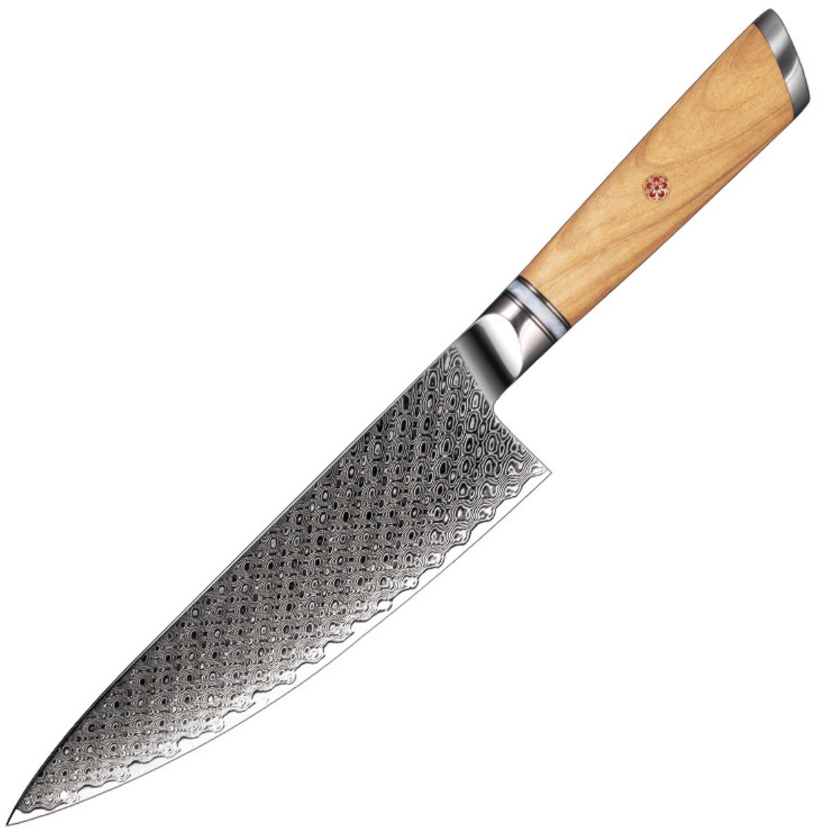 Dastium Home - 67-Laags Damascus Staal Koksmes 20CM - Damaststaal Keukenmes - Japans Mes van Echt Damascus Staal - Met Ergonomisch Olijfhout en Wit Harsen Handvat