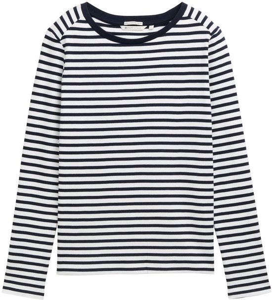 Wit longsleeve T-shirt met donkerblauwe strepen en boothals.