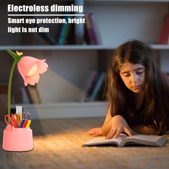 Penhouder Tafellamp LED Dimbaar met Touchbediening - USB Oplaadbare Bureau Lamp met Flexibele Hals - 3 Kleurtemperaturen - Roze Bloemen & Vogel Design - USB — afbeelding 3