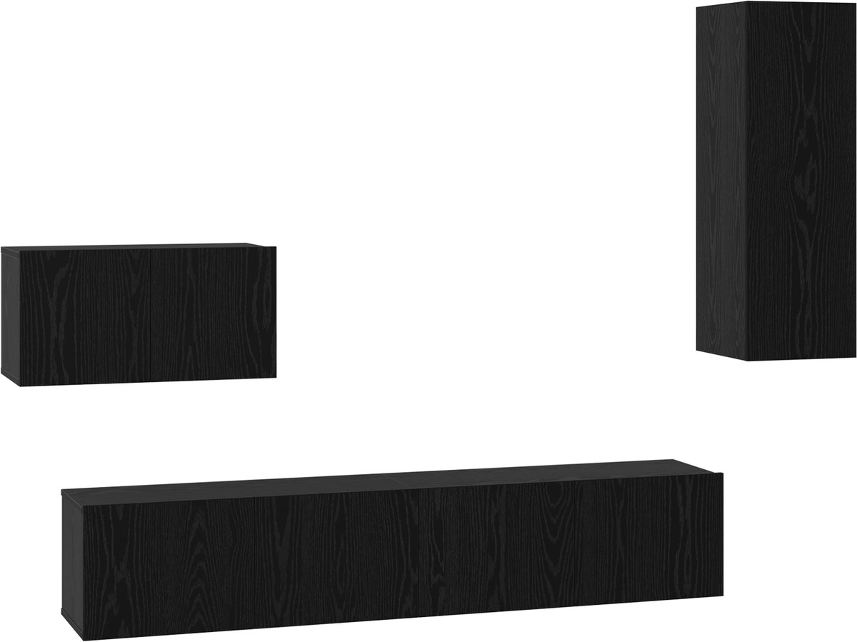 vidaXL - Wand - TV - Kast - Wandgemonteerd - 4 - pcs - Zwart - Eiken - Bewerkt - hout