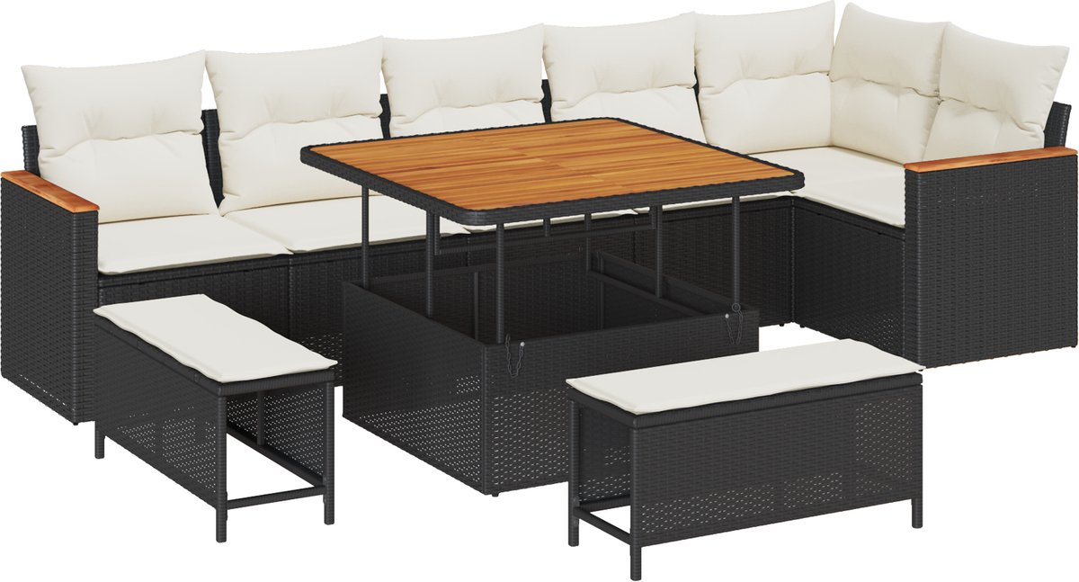 vidaXL - Tuinbank - Set - 9 - pcs - Zwart - poly - rattan
