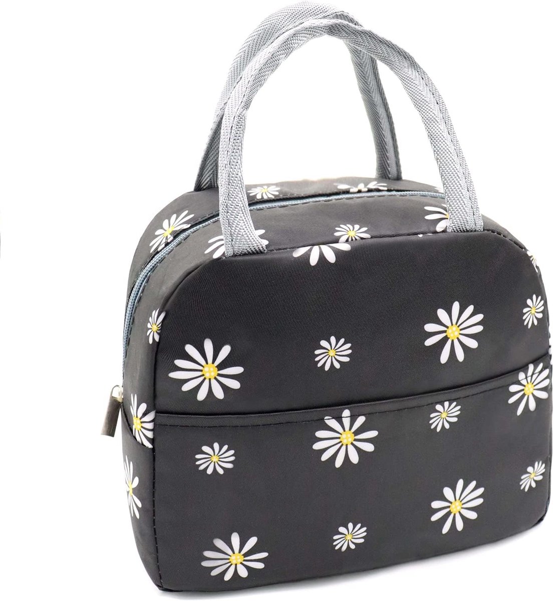 Geïsoleerde lunchtas voor dames, herbruikbare, schattige lunchbox voor volwassenen en mannen, lekvrije koeltas voor op het werk, op kantoor, op reis of op een picknick (zwart met witte margriet)