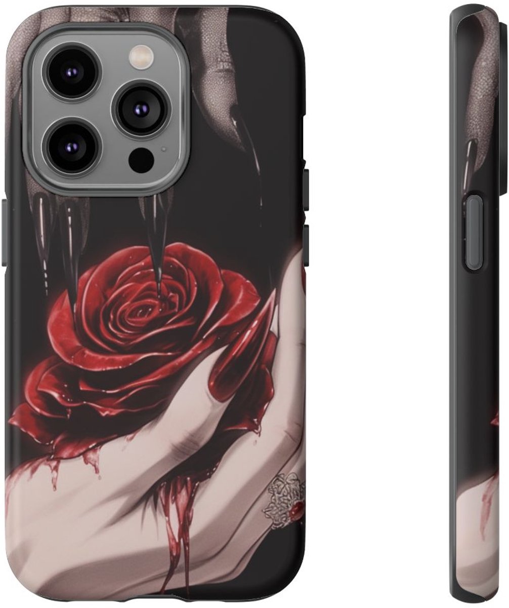 Donkere Gotische Handen met Rode Roos – Telefoonhoesje Geschikt voor iPhone 14 Pro