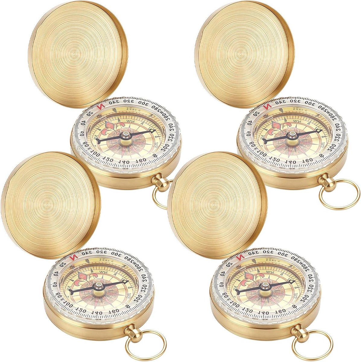 Allecto Plus - 4 stuks messing kompas met lichtgevende cijfers, waterdicht voor kamperen, wandelen en outdoor-activiteiten