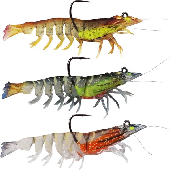 SPORWAY Pre-rigged Visjigs – 3 Stuks TPE Kunststof Aas – Realistische Garnaal & Rivierkreeft – Voor Zoet & Zout Water (Rood/Oranje/Zwart)