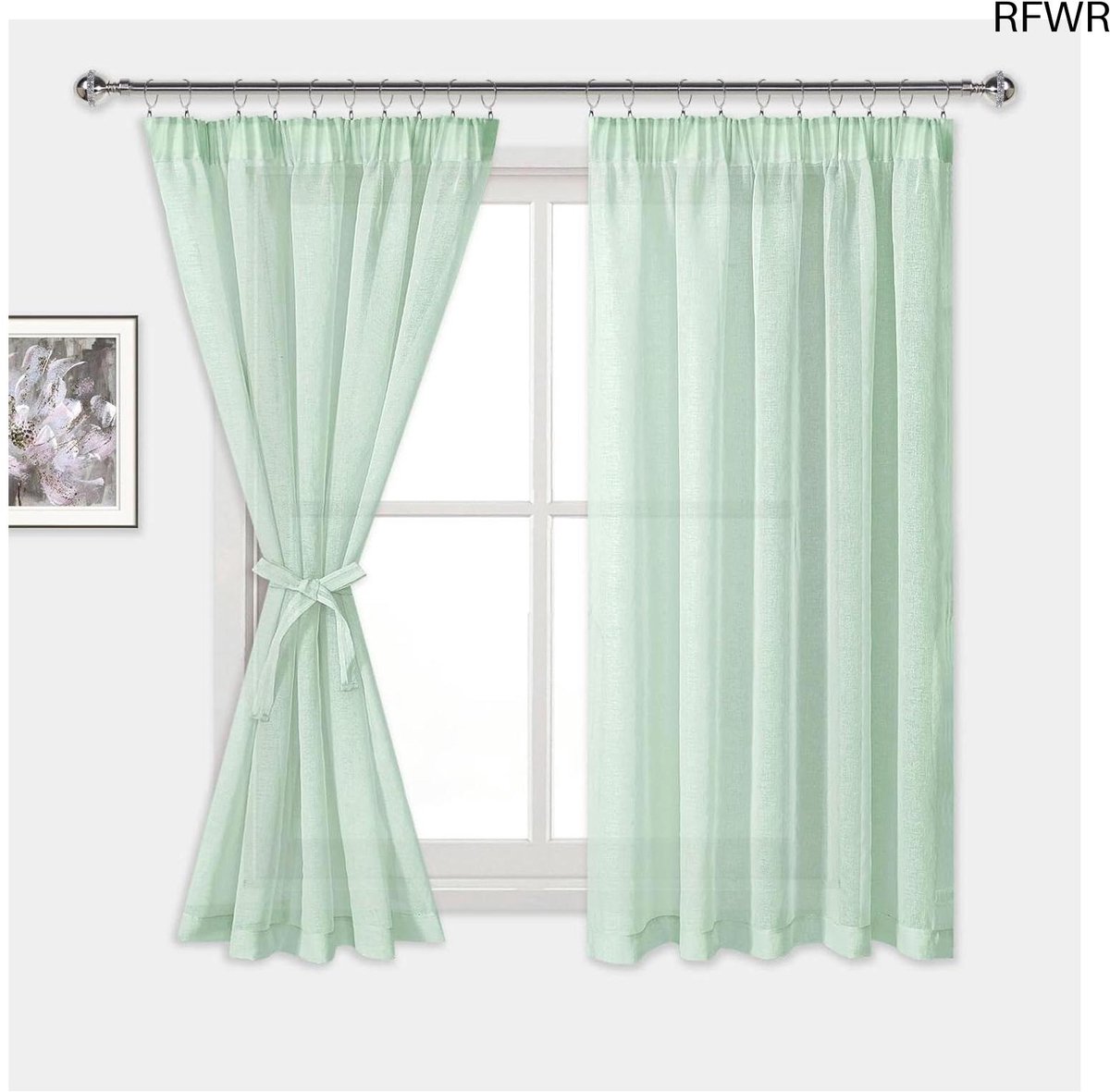 RFWR Voile Gordijnen met Plooiband - 2 Stuks, Linnenlook, Halftransparant, Groen, 160 x 140 cm