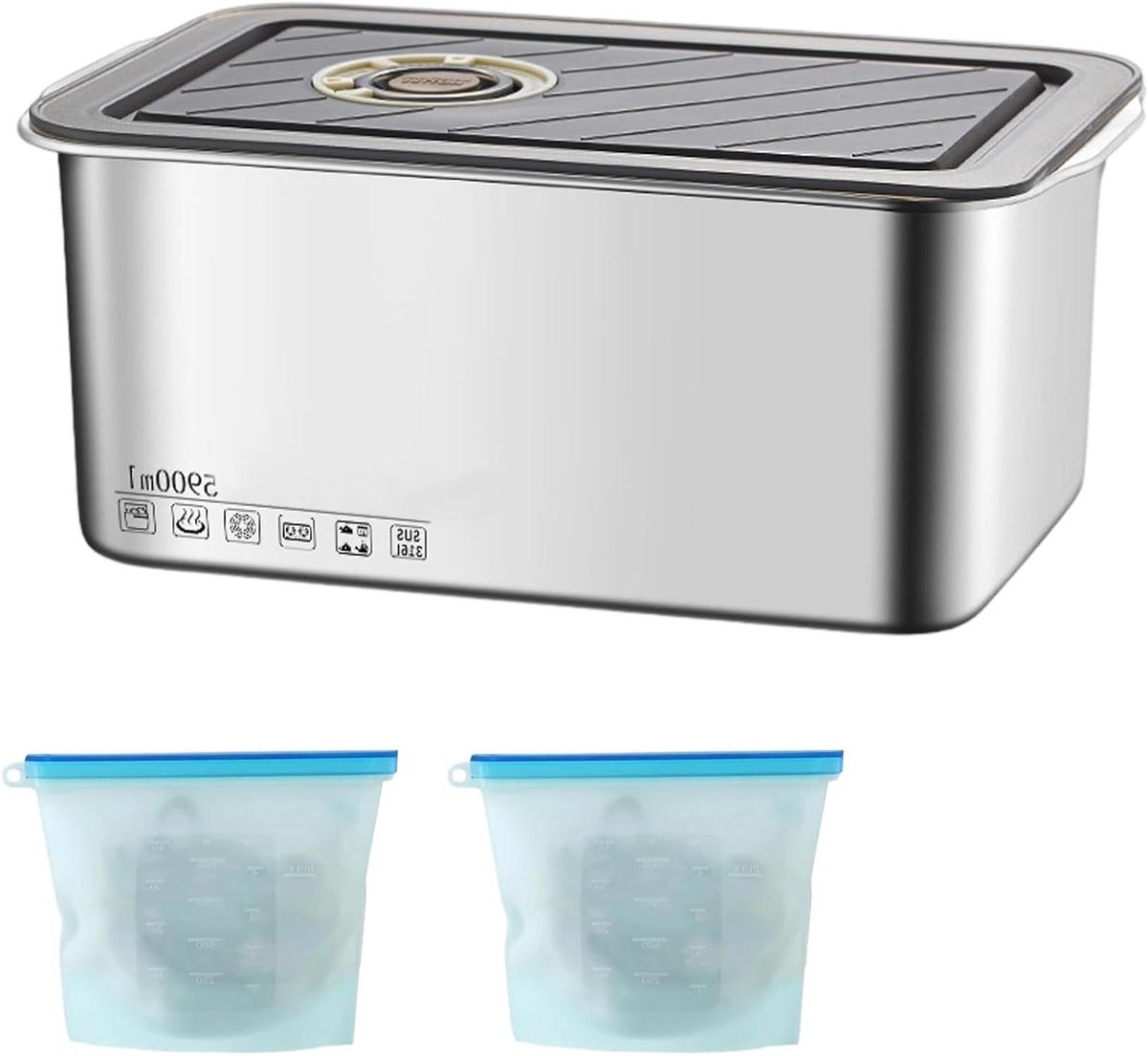 Allecto Plus - Vershouddozenset met Roestvrij Stalen Deksel - 5900 ml - Vriesdozen - Herbruikbare Vrieszakken - Voor Koelkast, Magnetron, Oven