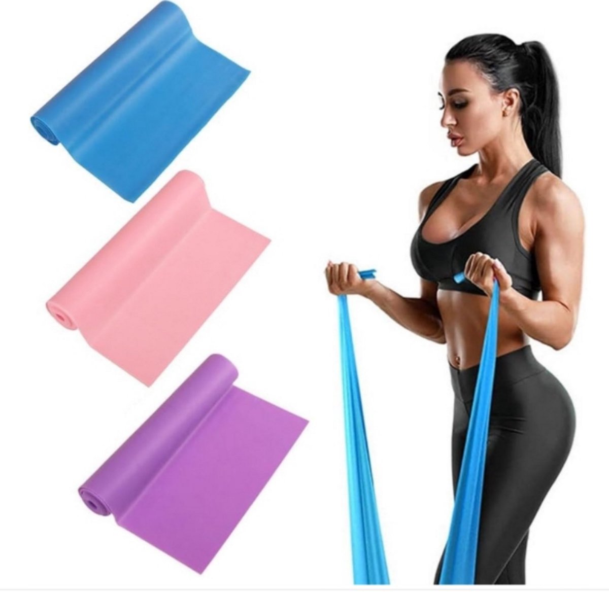 Daity Yoga weerstandsbanden - elastische fitnessbanden voor krachttraining - resistance band - vrouwen - yoga - armen - bovenlichaam en schouders (3-pack, blauw/roze/paars)