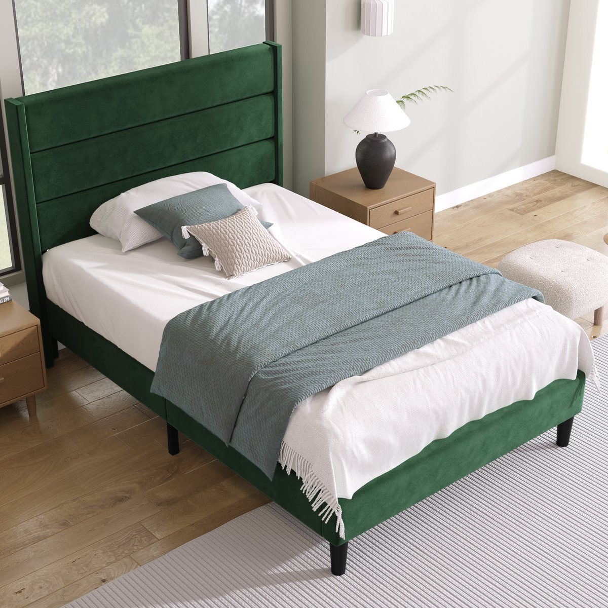 HAUSS SPOLE Tweepersoonsbedden 90x200 cm - Gestoffeerd Bed Met Lattenbodem En Hoofdeinde - Linnen - Dunkelgreen(Zonder Matras)