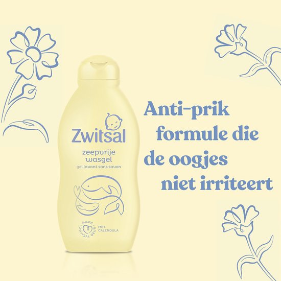 Zachte gele fles Zwitsal zeepvrije wasgel met blauwe bloemen en tekst 'Anti-prik formule die de oogjes niet irriteert'.