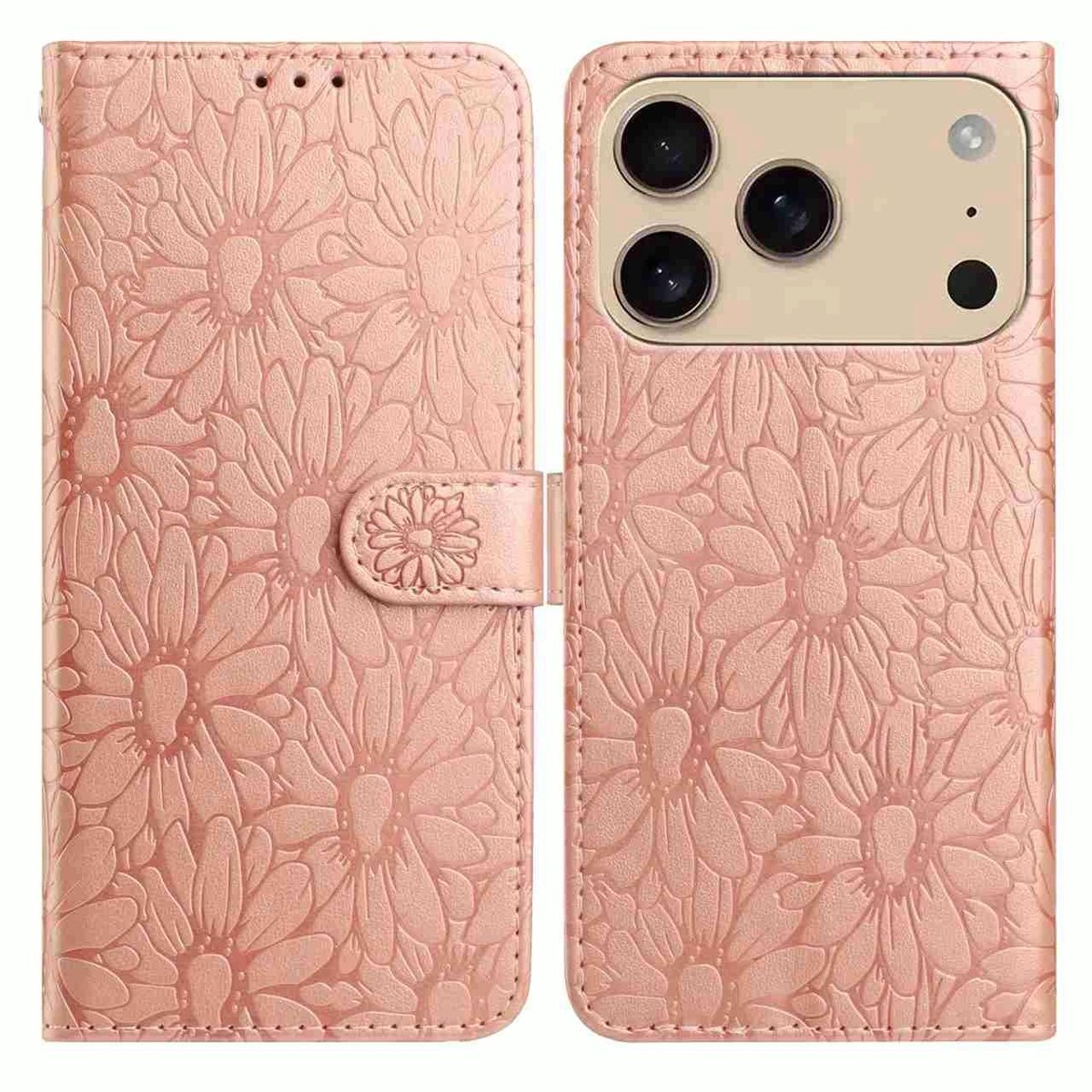 Mobigear Telefoonhoesje geschikt voor Apple iPhone 17 Pro Max Hoesje | Mobigear Flowers Bookcase Portemonnee | Pasjeshouder voor 3 Pasjes | Telefoonhoesje voor Pinpas / OV Kaart / Rijbewijs - Roségoud