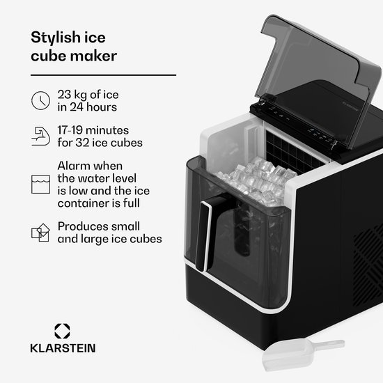 Klarstein IJsblokjesmachine ijsmachine - 23kg/24u, 32 ijsblokjes/17min, roestvrij staal, automatisch reinigen, waterreservoir van 2kg, intuïtieve bediening, waarschuwingen, modern ontwerp, zwart - IJsblokjesmaker - voor Feest van Klarstein — afbeelding 5