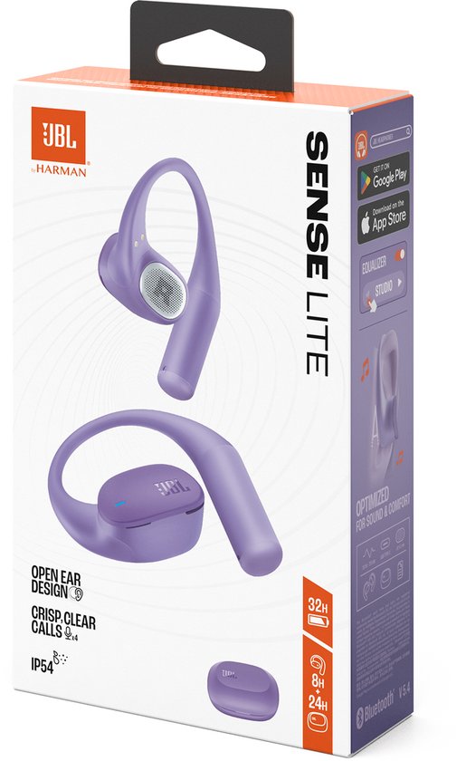 Verpakking van JBL Sense Lite paarse oordopjes, met afbeeldingen van de oordopjes en de case.