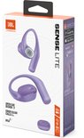 Verpakking van JBL Sense Lite paarse oordopjes, met afbeeldingen van de oordopjes en de case.