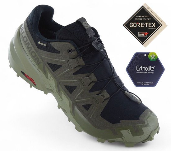 Olijfgroene Salomon Speedcross 6 GTX met Gore-Tex en Ortholite labels.