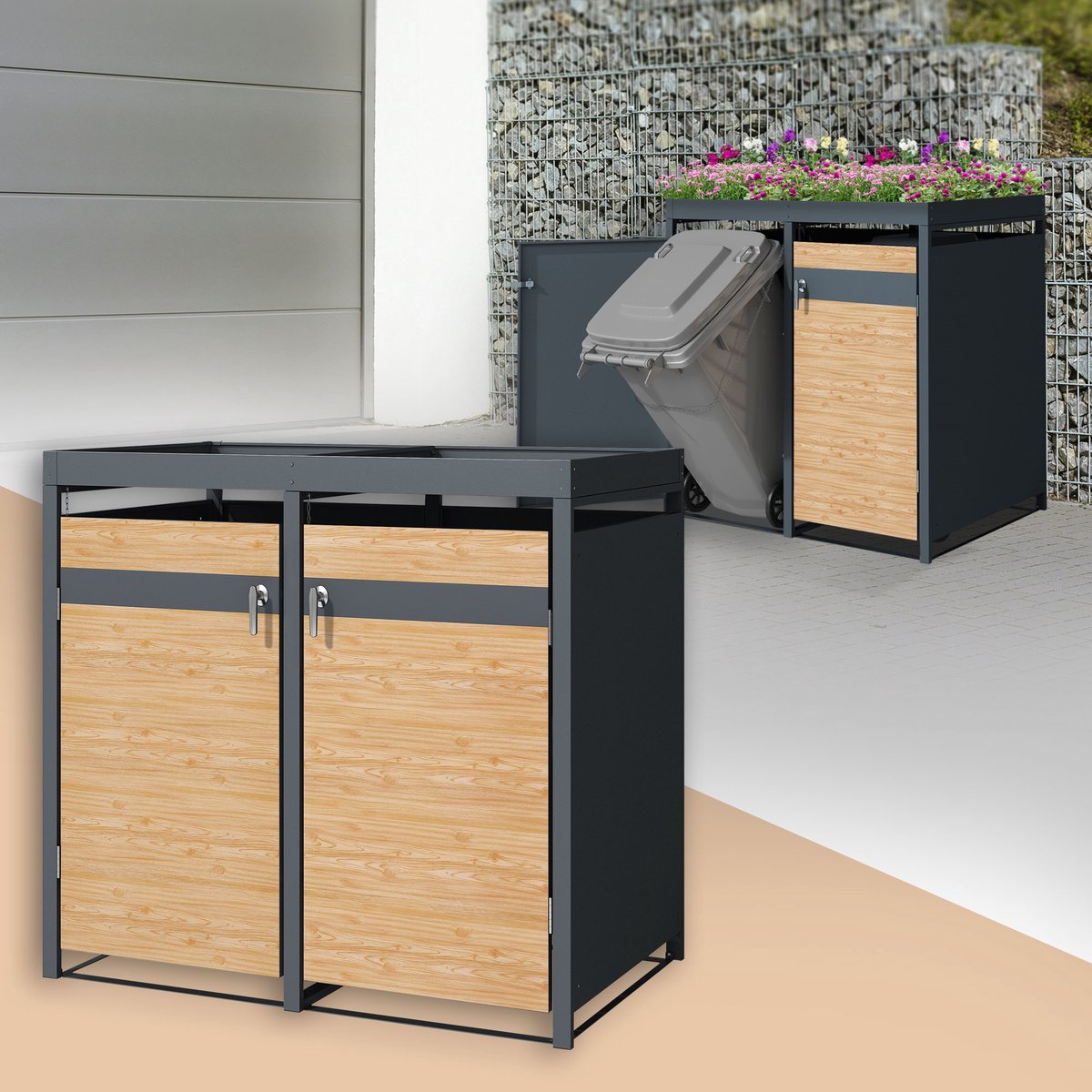 Kliko ombouw, Container ombouw met plantendak 2er tot 240L 132x80x124 cm gemaakt van staal in lariks look ML design
