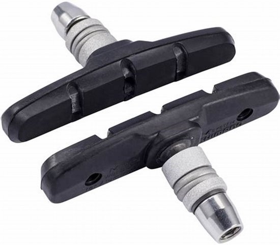 Twee zwarte V-brake remblokken met metalen stalen bouten.