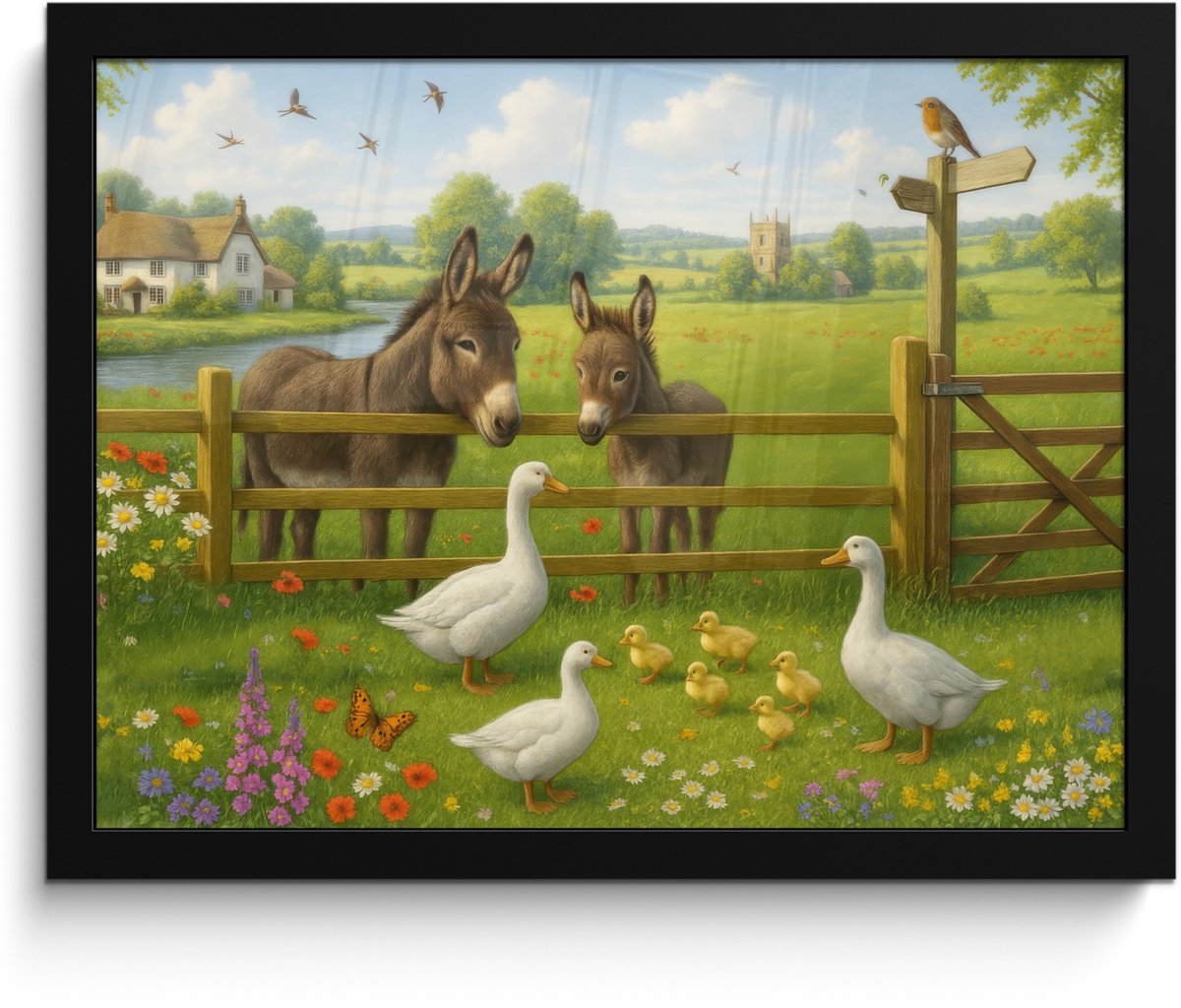 FrameYourWall Poster in lijst - Fotolijst 40x30 cm - Posters - Ezels - Ganzen - Kleurrijk - Posterlijst zwart - Decoratie - Wanddecoratie woonkamer - Muurdecoratie slaapkamer