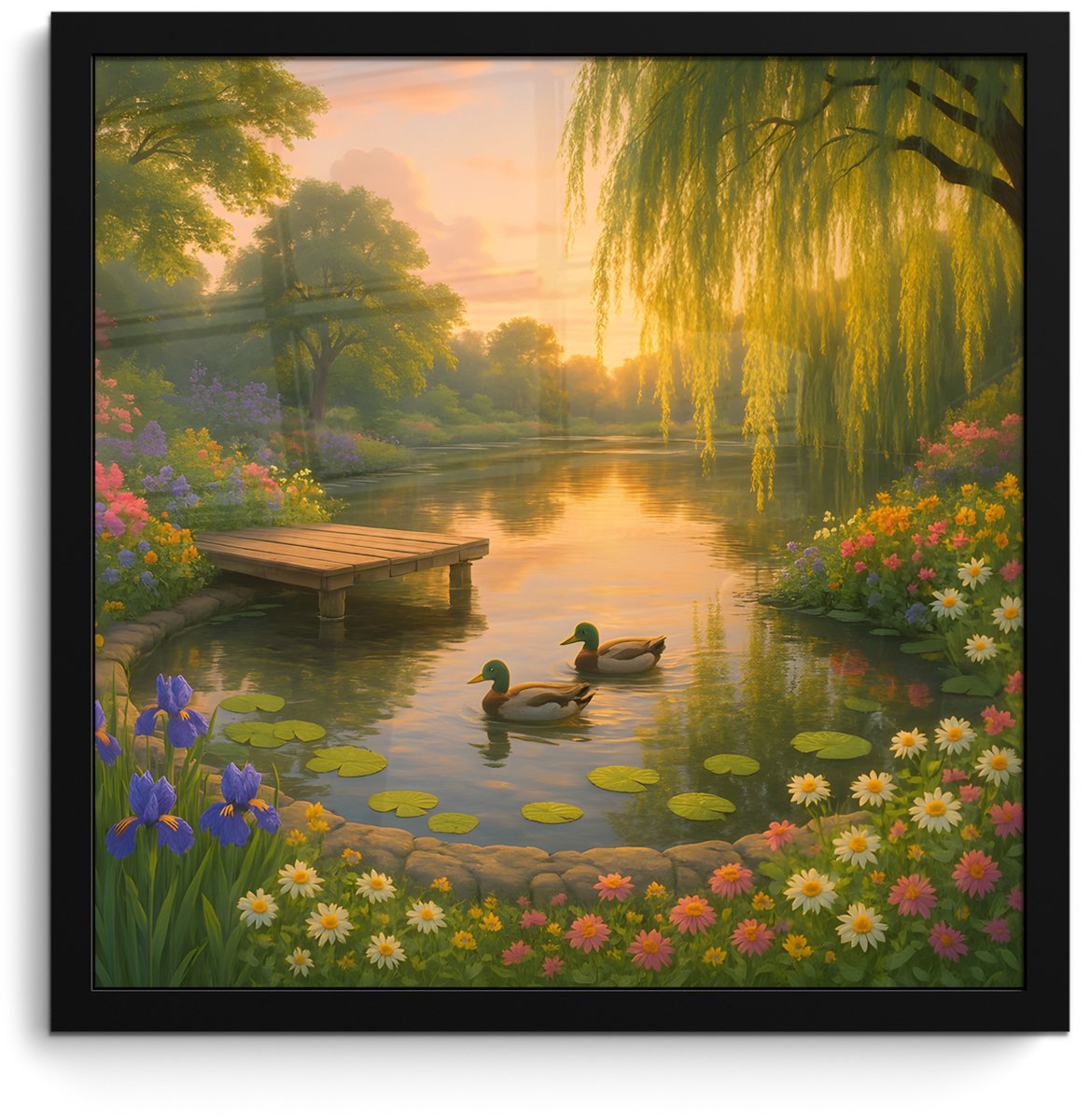 FrameYourWall Poster in lijst - Fotolijst 40x40 cm - Posters - Eenden - Vijver - Bloemen - Posterlijst zwart - Decoratie - Wanddecoratie woonkamer - Muurdecoratie slaapkamer