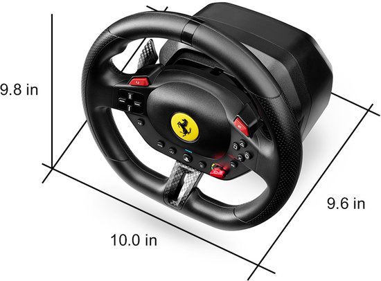 Zwarte race wheel met Ferrari-logo en afmetingen: 10" diep, 9.8" hoog, 9.6" breed.