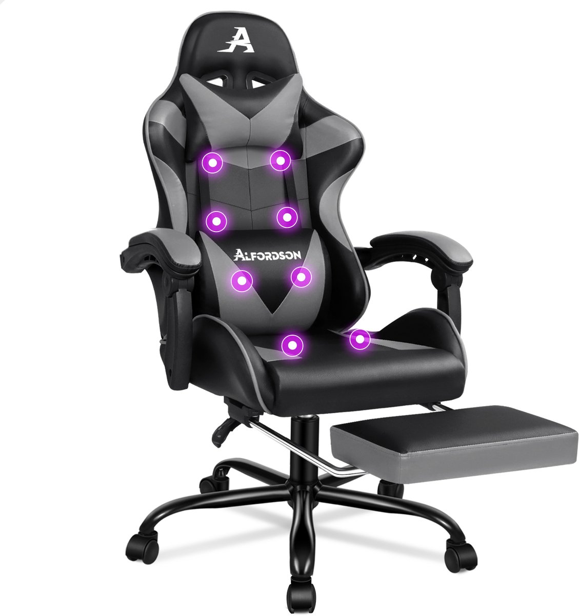 Gamestoel met voetensteun, 8 massagepunten en 150° kanteling, ergonomische racestoel met verstelbare hoogte en een draagvermogen van 180 kg