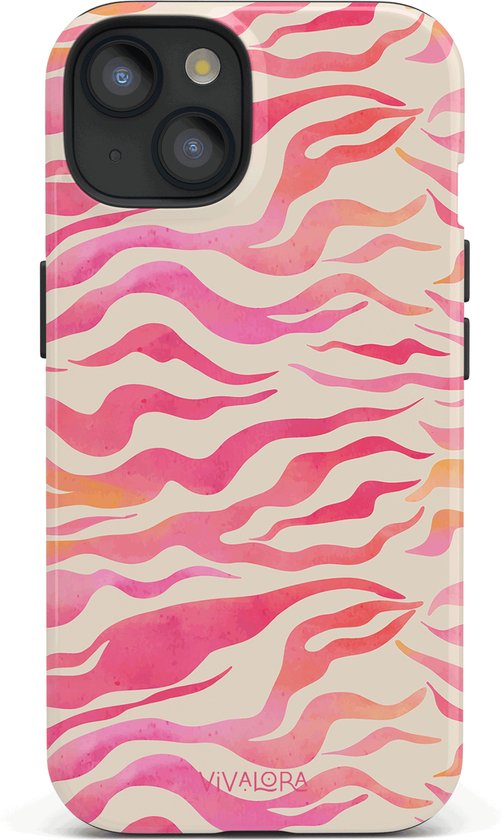 Coque de téléphone avec un imprimé zèbre rose et orange sur fond crème.