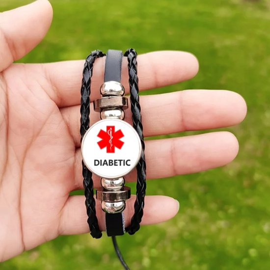 LaGloss® Armband Diabetic - Leder Dames Heren Armbanden Unisex - Diabetes - Verstelbaar Zwart Leer 26 x 2 cm