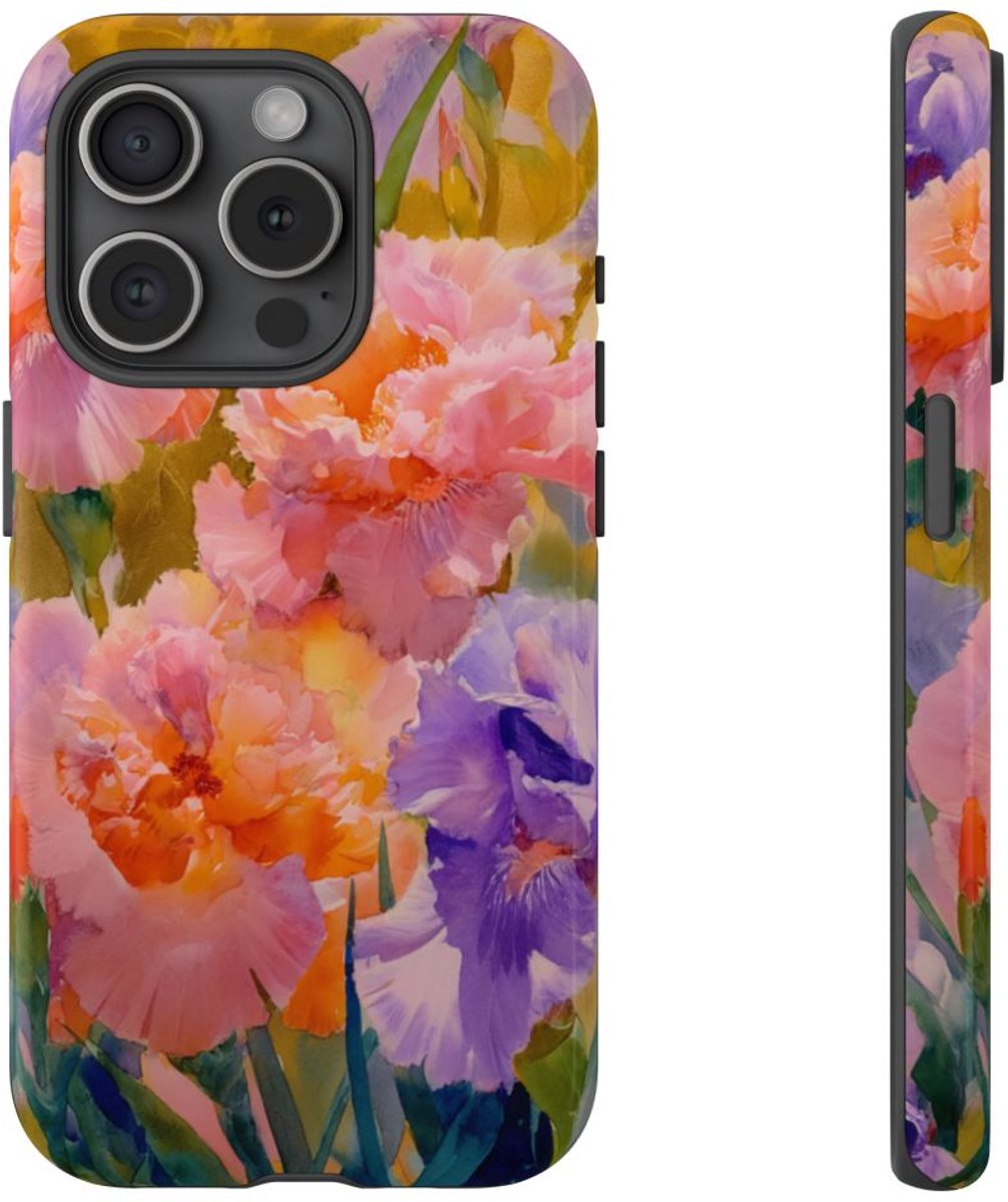 Roze en Paarse Bloemen in Aquarel – Telefoonhoesje Geschikt voor iPhone 15 Pro