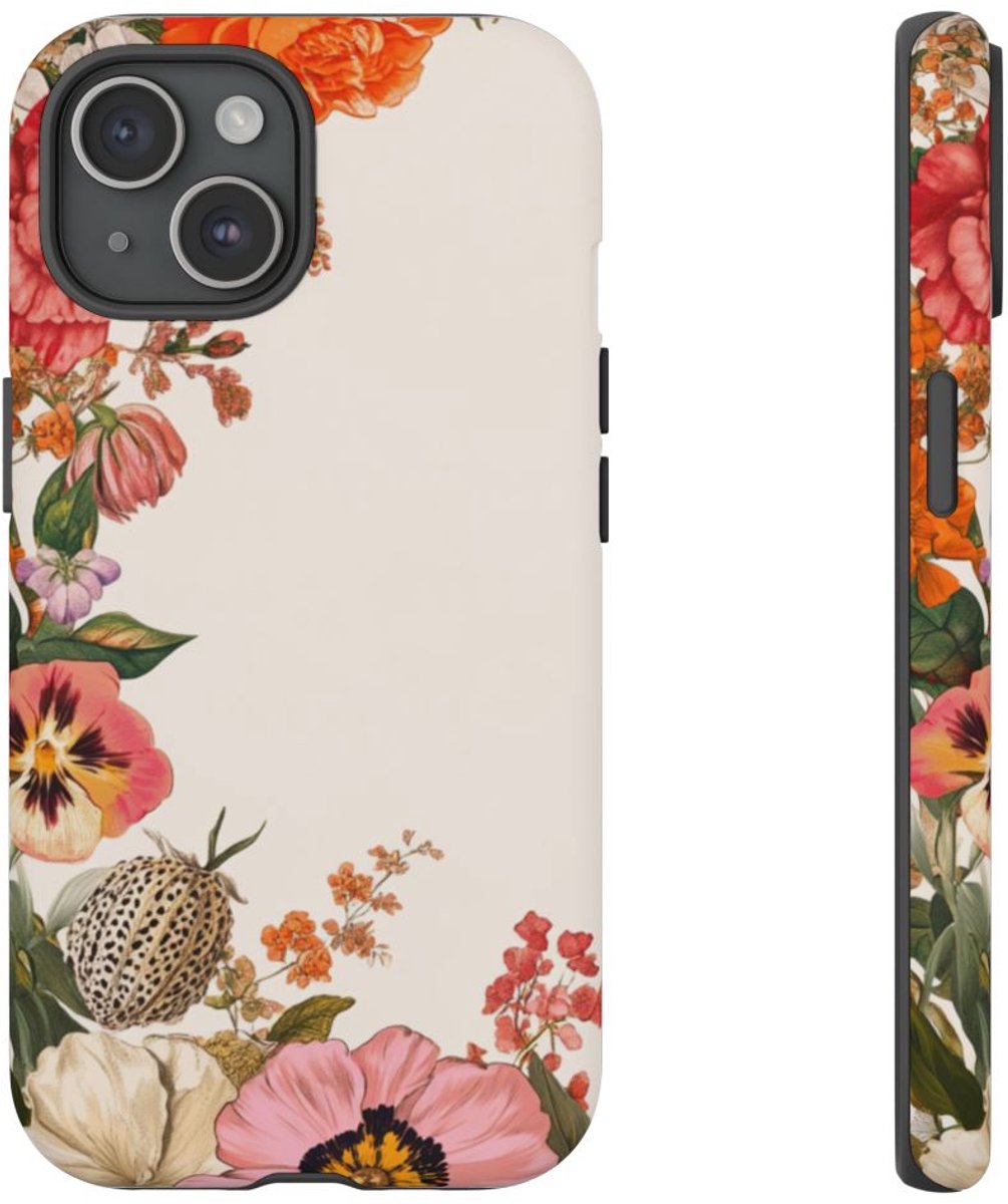 Vintage Botanische Bloemenrand – Telefoonhoesje Geschikt voor iPhone 15