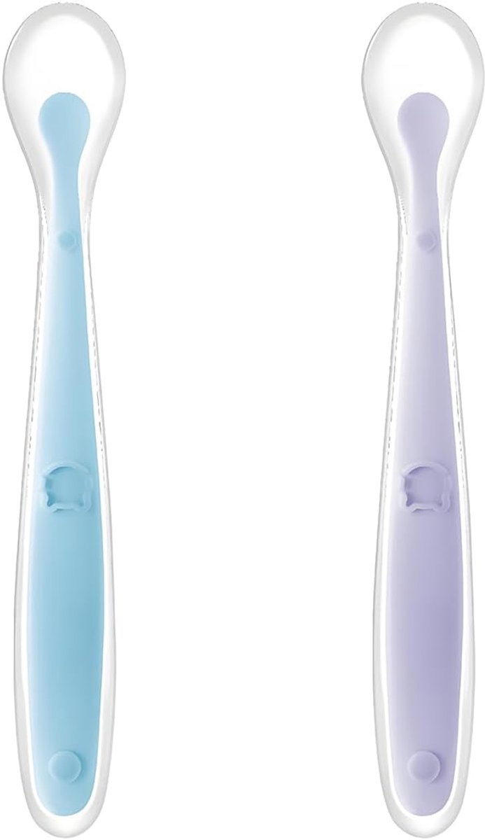 Image of 2 stuks spenningslepel, lepel voor het spenen van de moeder, bestek, siliconen lepel voor pasgeborenen, met 1 opbergdoos (set blauw + paars)