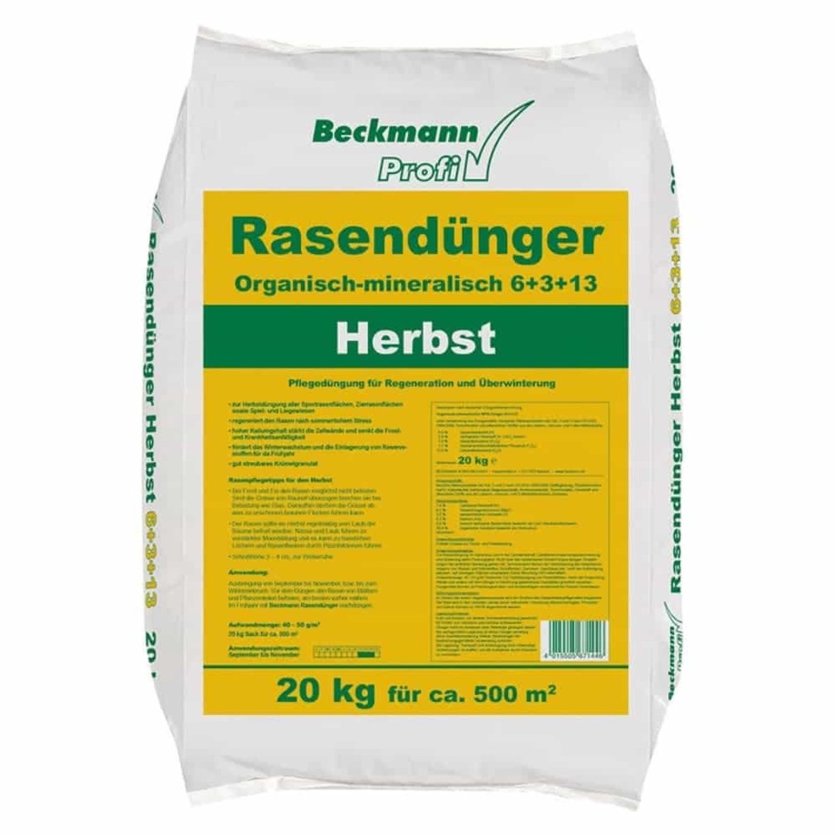 20 kg Gazonmeststof Herfst Beckmann NPK-6+3+13 voor ca. 500m²