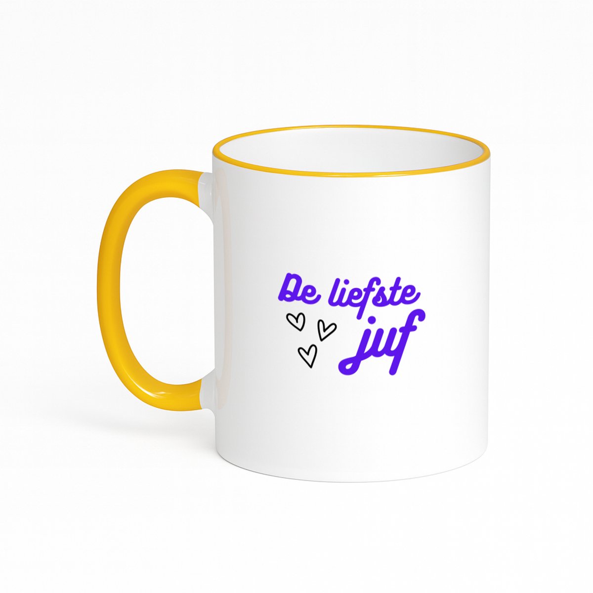 Hacebo® - de liefste juf koffiebeker met gekleurde rand goudgeel - voor de liefste juf - thee mok - koffie beker - juf - verjaardagscadeau - verjaardag - cadeau - afscheidscadeau - geschenk - leuke cadeau - kado - koffiemok - 330 ML