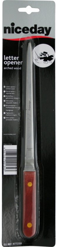 Niceday briefopener in verpakking. Metalen lemmet met roodbruin houten handvat.