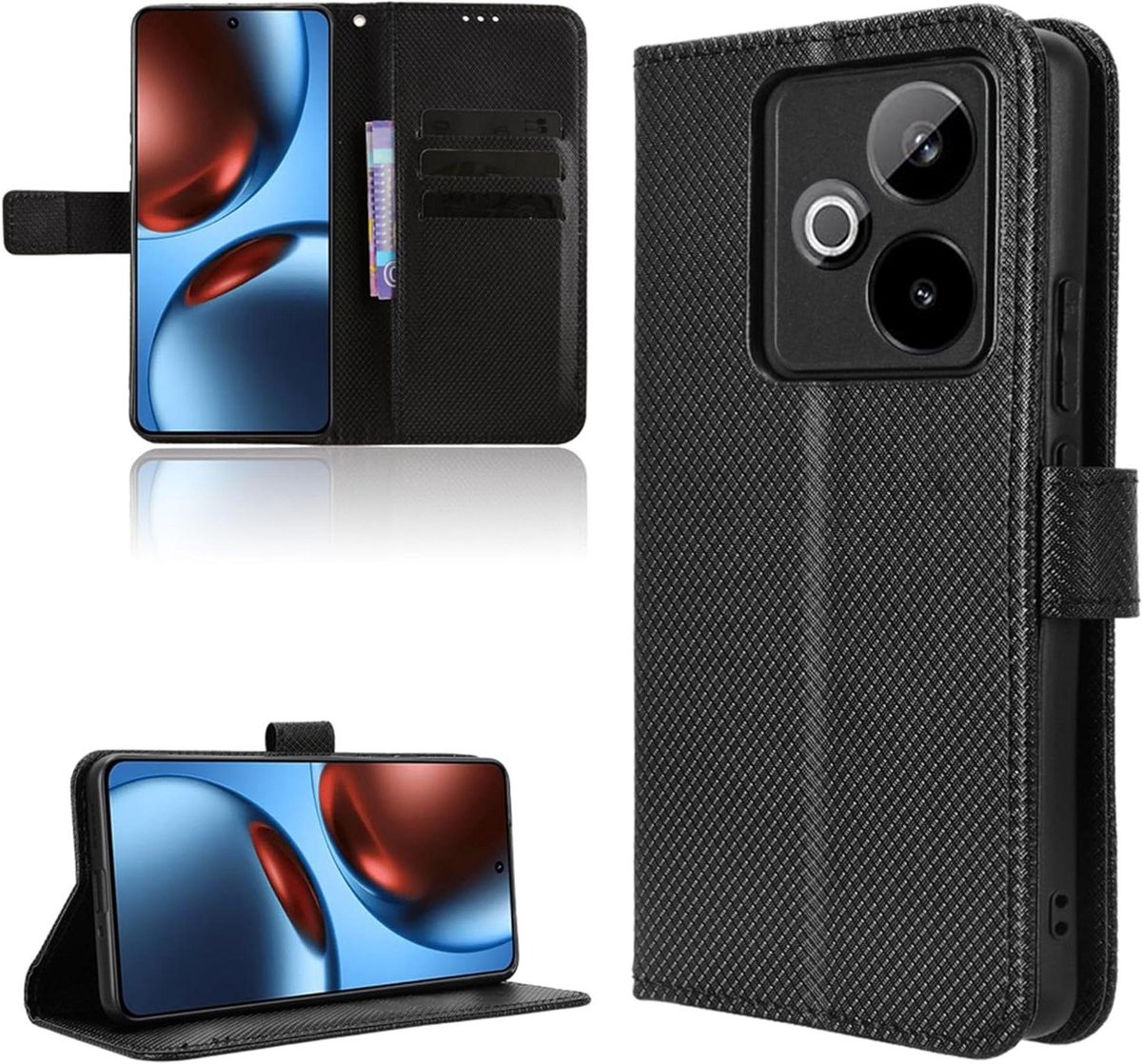 Premium koolstofvezel hoes voor Realme GT7 - Stootvaste telefoonhoes in zwart - Inklapbaar en met standaardfunctie