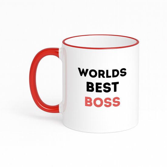 Hacebo® - worlds best boss koffiebeker met gekleurde rand rood - de beste baas - thee mok - koffie beker - collega's - werknemers - verjaardagscadeau - verjaardag - cadeau - afscheidscadeau - geschenk - leuke cadeau - koffiemok - 330 ML