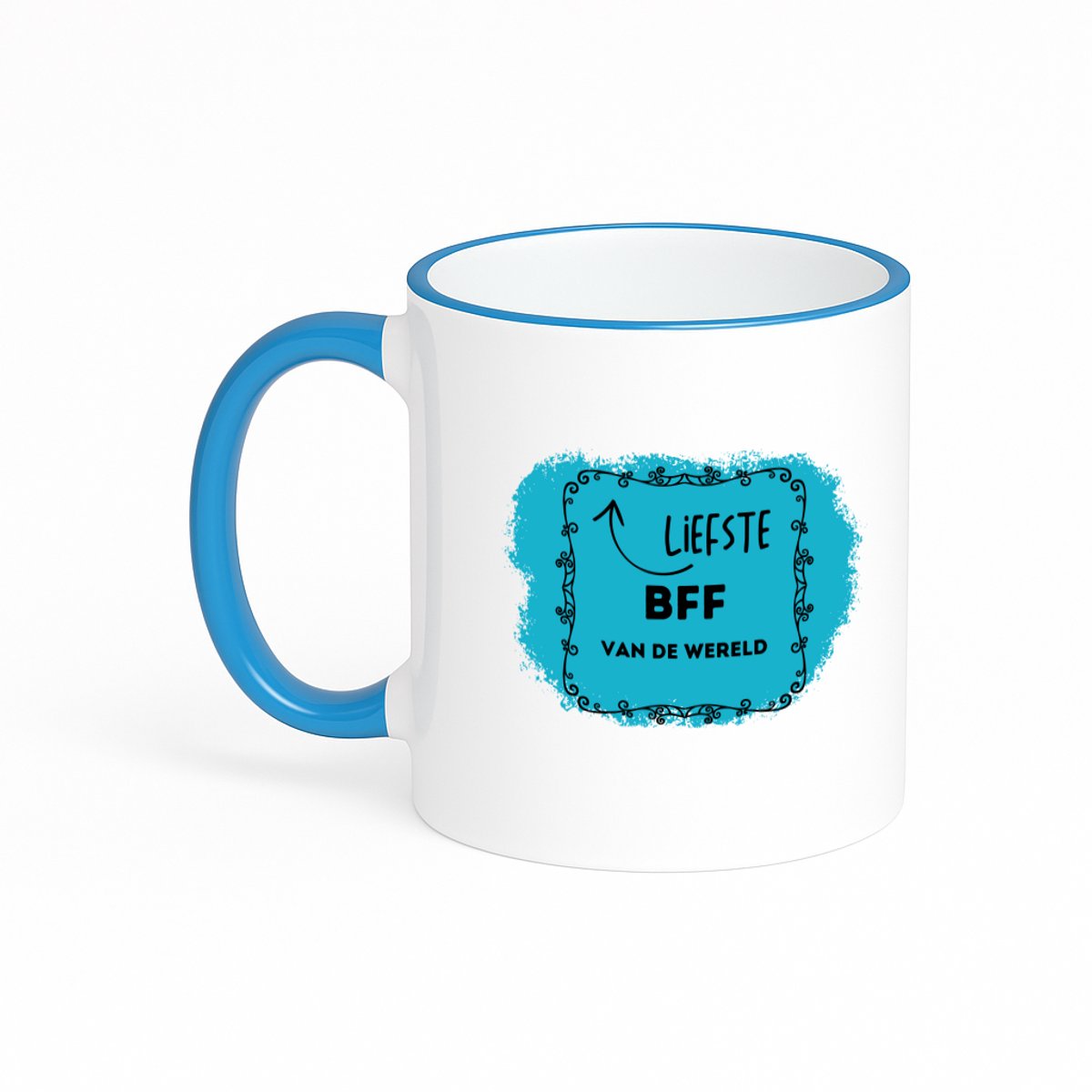 Hacebo® - liefste bff van de wereld koffiebeker met gekleurde rand blauw - Vriend - de liefste beste vriend - thee mok - koffie beker - verjaardag - cadeautje voor beste vriend - beste vriend artikelen - kado - geschenk - koffiemok - 330 ML