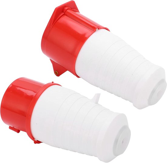 Twee rode en witte industriële stekkers, 16A, IP44, voor 220-415V toepassingen.