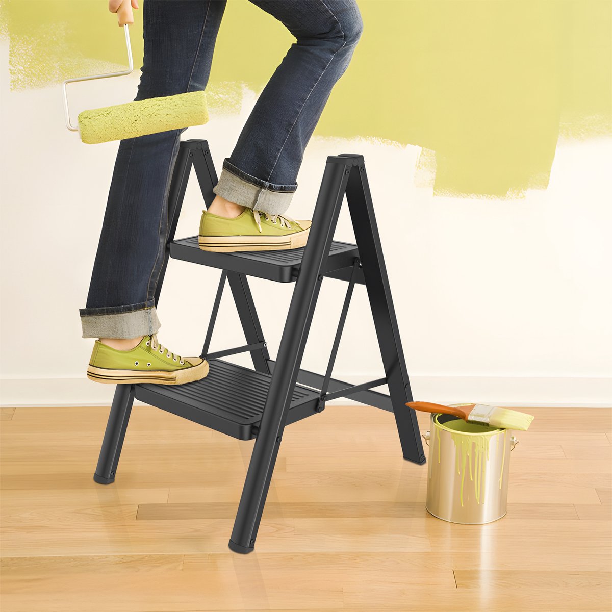 Opvouwbare trapladder, trapkruk, opvouwbare trap met brede antislip pedaal, multifunctionele huishoudtrap, trap tot 150 kg, zwart voor thuis, keuken, kantoor, buiten - 2 treden – foto 8