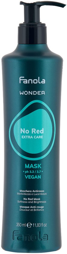 Fanola Wonder No Red Extra Care masker in donkergroene fles met pompdispenser.