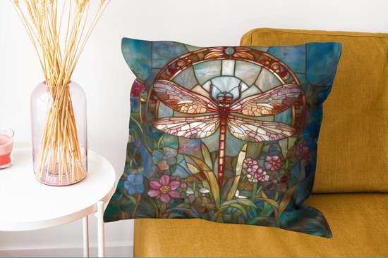 Coussins Coussins décoratifs - Oreillers de salon - 60x60 cm - Libellule - Mosaïque - Fleurs - Coloré