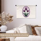Wandkleed 60x40 cm - Wanddoek Tulpen - Paars - Lijst - Bladeren - Wandtapijt - Wandkleden