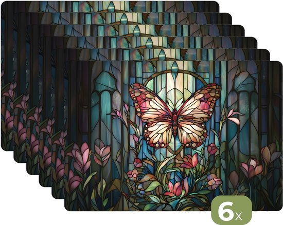 Placemats - 6 stuks - 45x30 cm - Placemat kunststof - Bloemen - Roze - Glasmozaïek