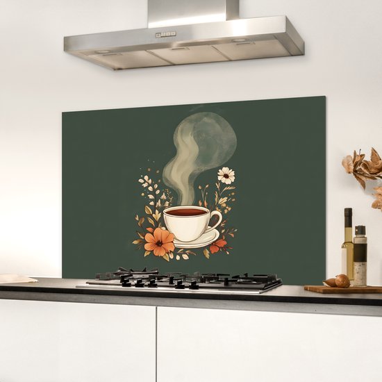 Spatscherm keuken 90x60 cm - Kookplaat achterwand Kop - Bloemen - Groen - Koffie - Muurbeschermer - Spatwand fornuis - Hoogwaardig aluminium