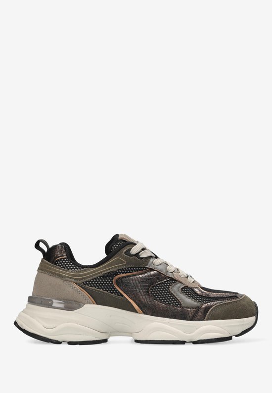 Groene dames sneaker met bruine slangenhuidprint en beige veters, van de zijkant gezien.