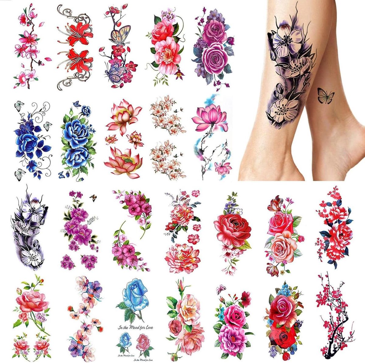 Allecto Plus - Set van 24 kleurrijke nep tattoos met grote bloemen ontwerp voor vrouwen - Waterdichte body art stickers voor meisjes - Geschikt voor armen, benen, schouders en rug