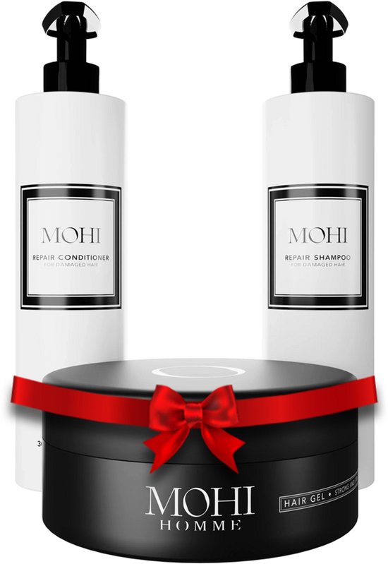 MOHI Repair & Style Set - Shampoo, Conditioner, Haargel en Hoofdhuid Massage Borstel - Herstelt en voedt beschadigd haar met sterke hold voor styling