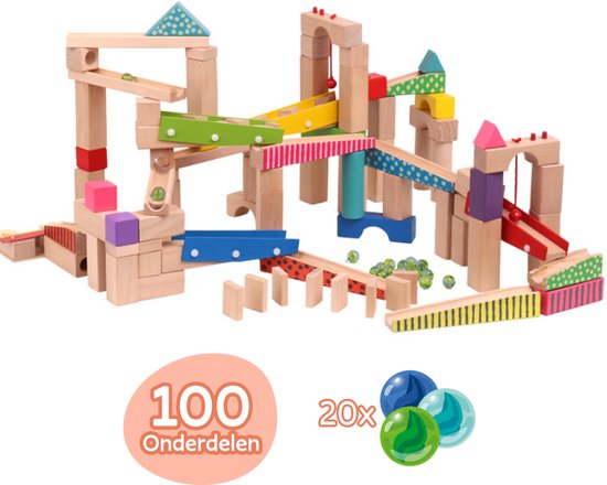 Houten Knikkerbaan met 80 bouwblokken en 20 knikkers - Marble Run - Marble Rush - Montessori en Educatief Speelgoed - Bouwspeelgoed